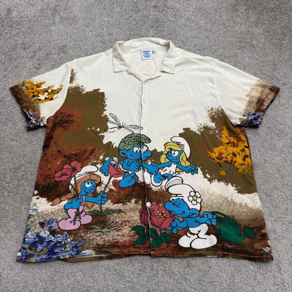 Smurfs 65th Anniversary Graphic Print Button Down Shirt Mens XL Short Sleeve Top